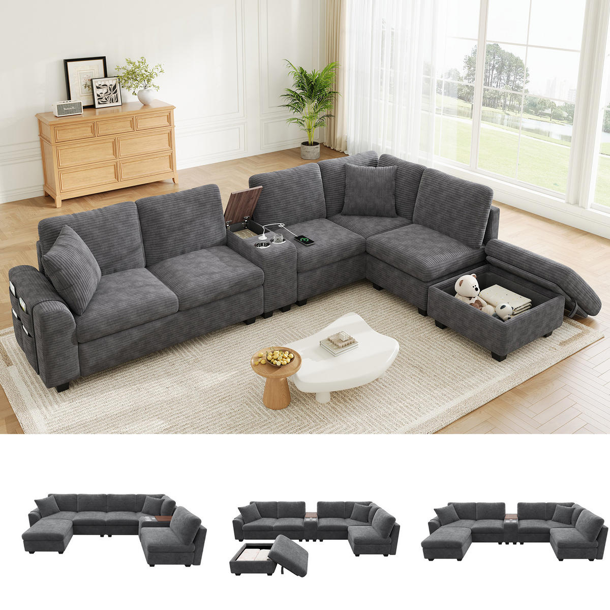 ECKSOFA mit Stauraum und USB Type-C in Grau - Grau, Textil (311/139cm) - EVRYAE