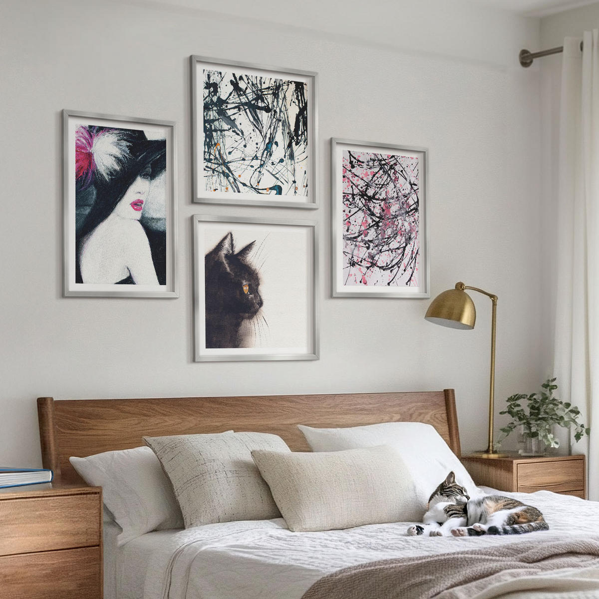 BILDER SET 4er Set - 50x50 cm & 40x60 cm Silberner Rahmen - Abstrakte Katzenmalereien - Silberfarben, Kunststoff (50/50cm) - TULUP