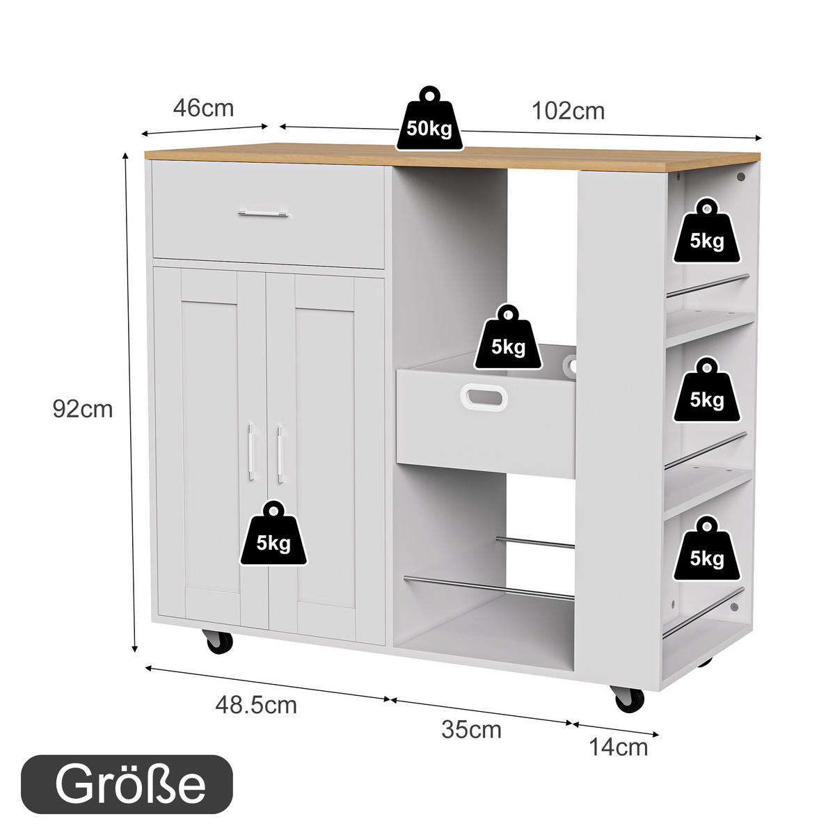 KÜCHENWAGEN rollbar 3 Ebenen Gewürzregal offen weiß - Weiß, Holz (46/92/102cm) - LEBENLANG