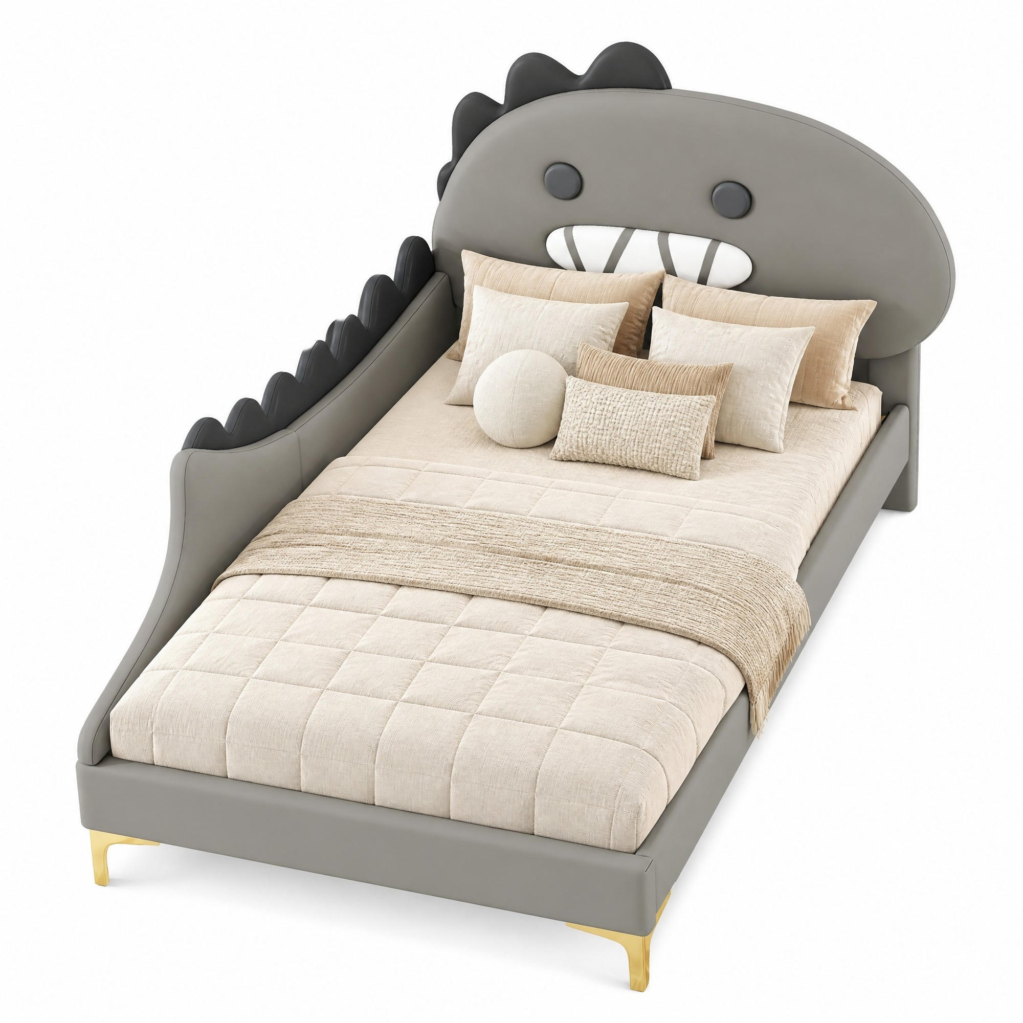 KINDERBETT 90/200 cm in Grau im Dinosaurier-Design - Grau, Leder/Holzwerkstoff (90/200cm) - CHICFURN