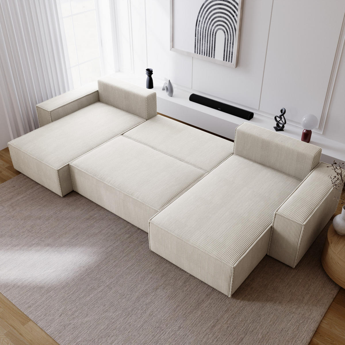 ECKSOFA U 380 cm Bergamo mit Schlaffunktion, Cordstoff, Ecru - Ecru, Holz (377/189cm) - Emporius