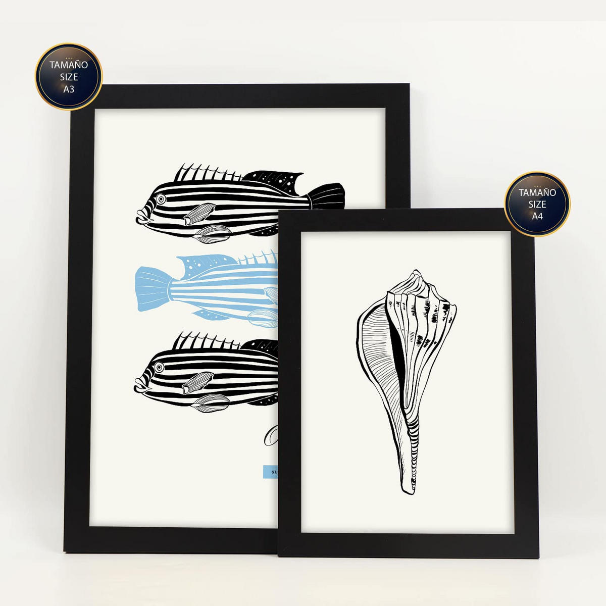 POSTER Set Mit 6 In Schwarzer Tinte Meerestiere Kunstdrucke Von Meer Und Ozean Für Innenarchitektur A3 & A4 Schwarzer Rahmen - Schwarz, Papier (29/3cm) - Nacnic