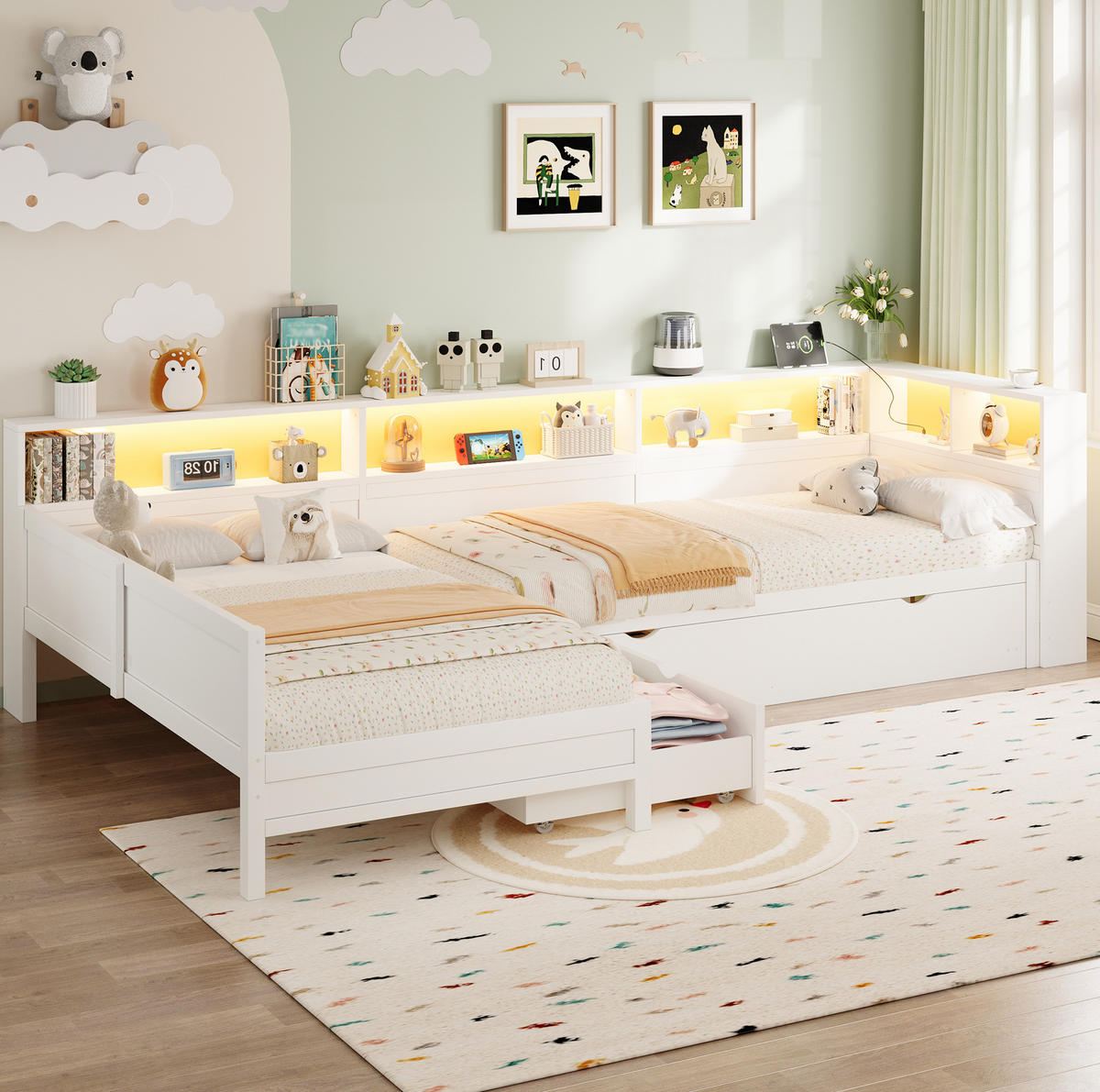 TAGESBETT 90/200 cm aus MDF und Sperrholz mit Ausziehbett, LED und Ladestation, Weiß - Weiß, Holzwerkstoff (90/200cm) - Redom