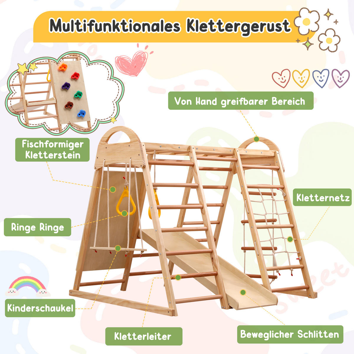 KLETTERGERÜST 7in1 Kinder Holz Rutsche Schaukel - Naturfarben, Holz (134/120cm) - Fortuna Lai