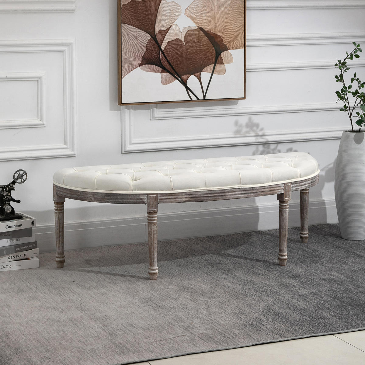 POLSTERBANK Sitzbank Vintage Retro Bettbank mit Knöpfen Samtige Berührung Holz - Beige, Kunststoff (49/49/142cm) - HOMCOM