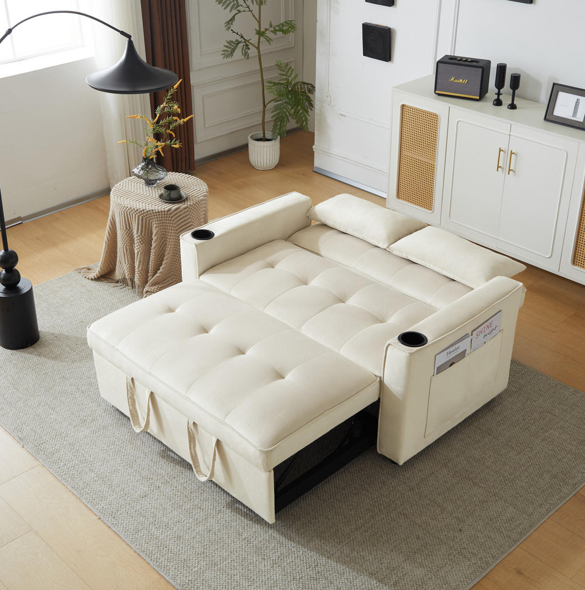SCHLAFSOFA Samt mit 3-fach verstellbarer Rückenlehne und Getränkehalter Beige 137/76,5/83 cm - Beige, Textil (83/137/76.5cm) - Redom