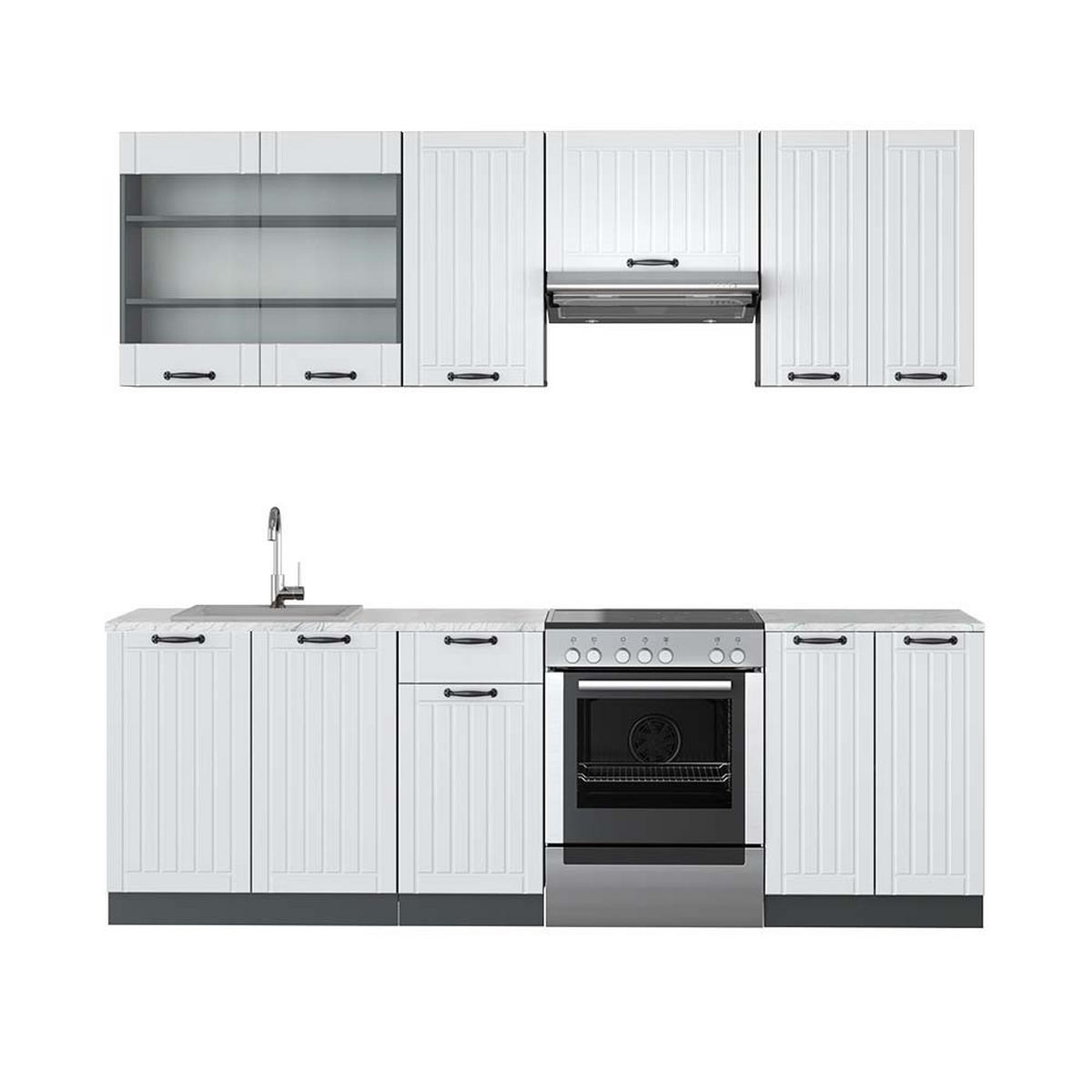 KÜCHENZEILE Fame-Line Weiß Landhaus/Anthrazit 240 cm, AP Marmor - Anthrazit/Creme, Holzwerkstoff (240/81.6/60cm) - Vicco