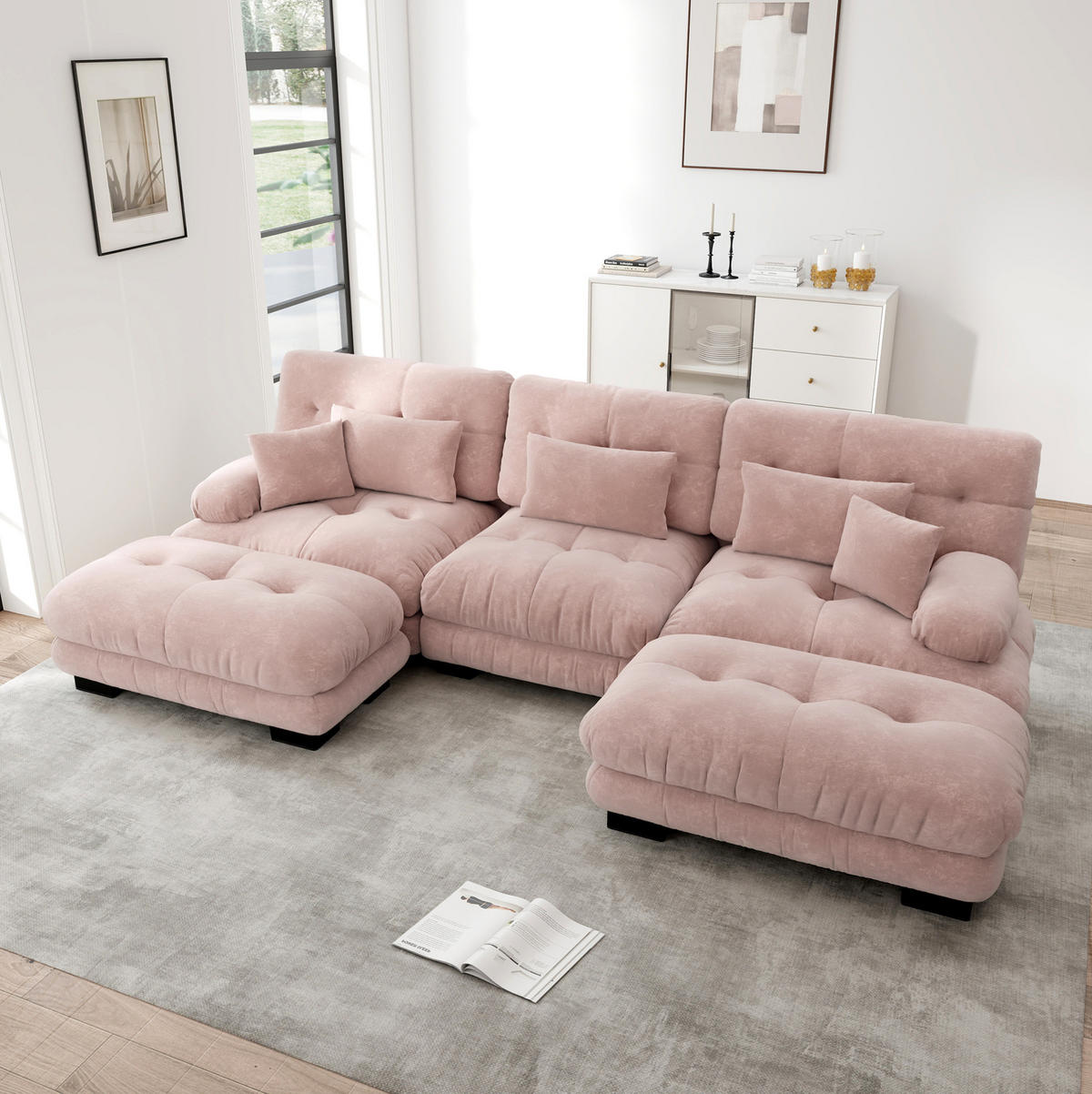 SOFA modular U- oder L-Form mit Ottomane Chenille Pink - Pink, Kunststoff (145/81/313cm) - Meubliv