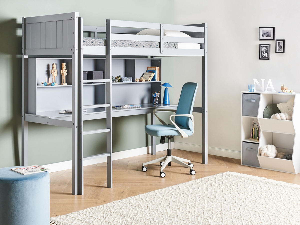 HOCHBETT MIT SCHREIBTISCH 90x200 cm Grau Foucamont - Grau, Holz (90/200cm) - Beliani
