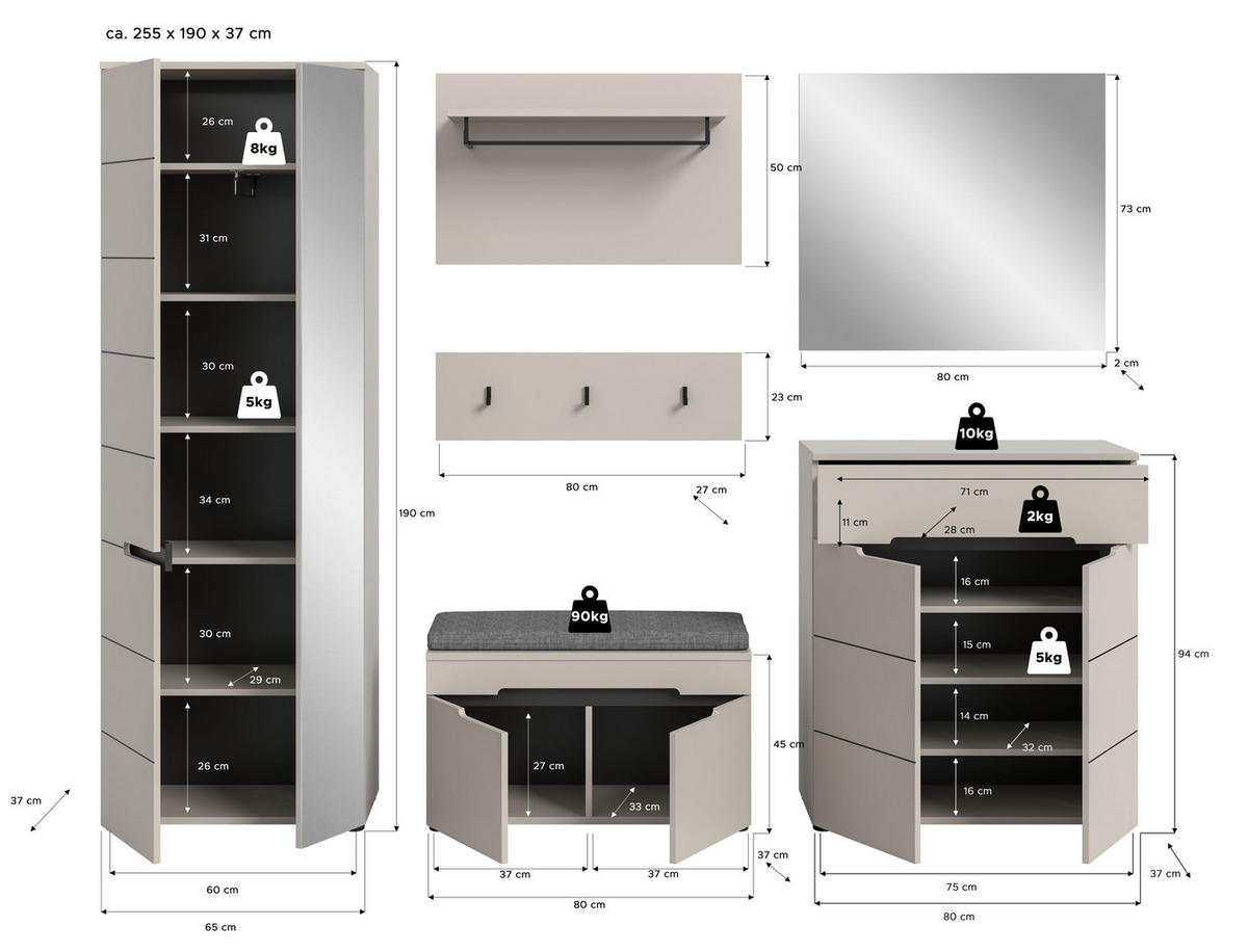 GARDEROBEN-SET 6tlg. Nova inkl. Sitzkissen (B/H/T: 255x190x37 cm) in Kaschmir - Kaschmir, Holzwerkstoff (255/190/37cm) - Homes & Jones