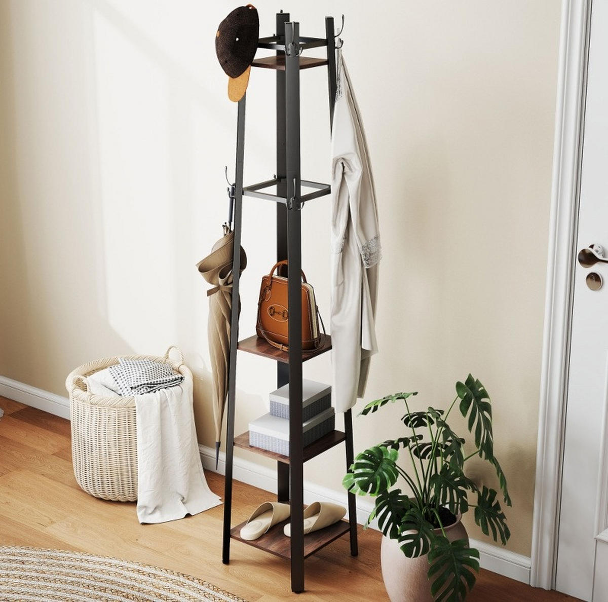 STANDGARDEROBE mit 8 Haken und 4 Ablagen, Industrial-Look, 34,8/34,8/179 cm - Braun, Holz (34.8/179/34.8cm) - BEAOK