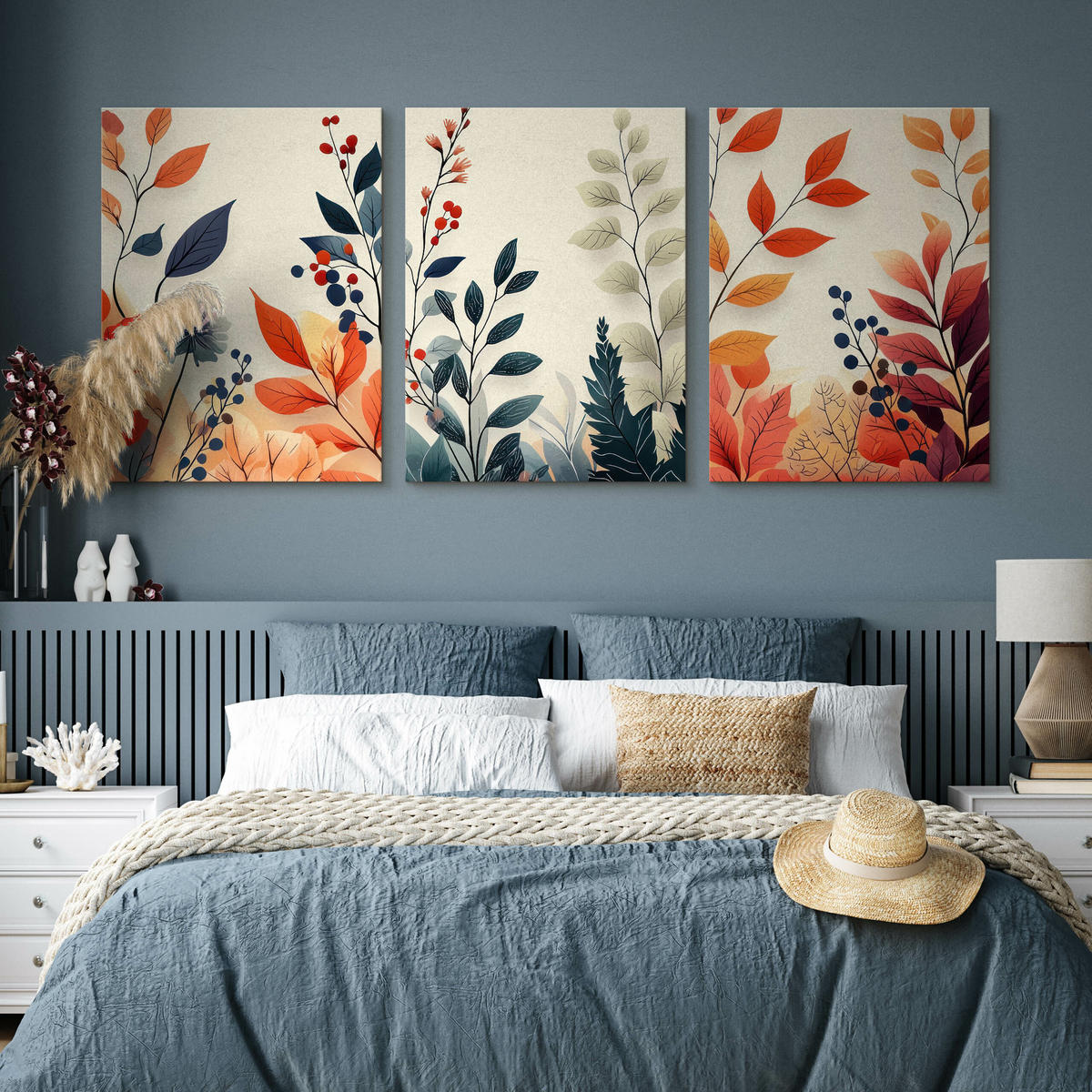 LEINWANDBILDER 3-es Set Blätter Natur - Beige/Rot, Textil (90/40cm) - Muralo