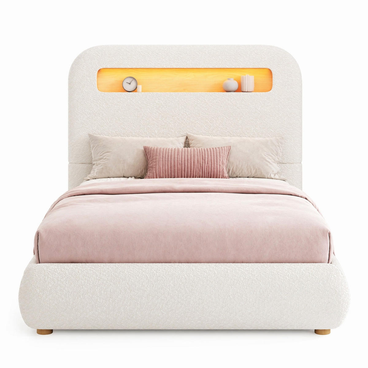 POLSTERBETT 90/200 cm in Weiß mit Stauraum und LED Bouclé - Weiß, Holzwerkstoff/Textil (90/200cm) - CHICFURN