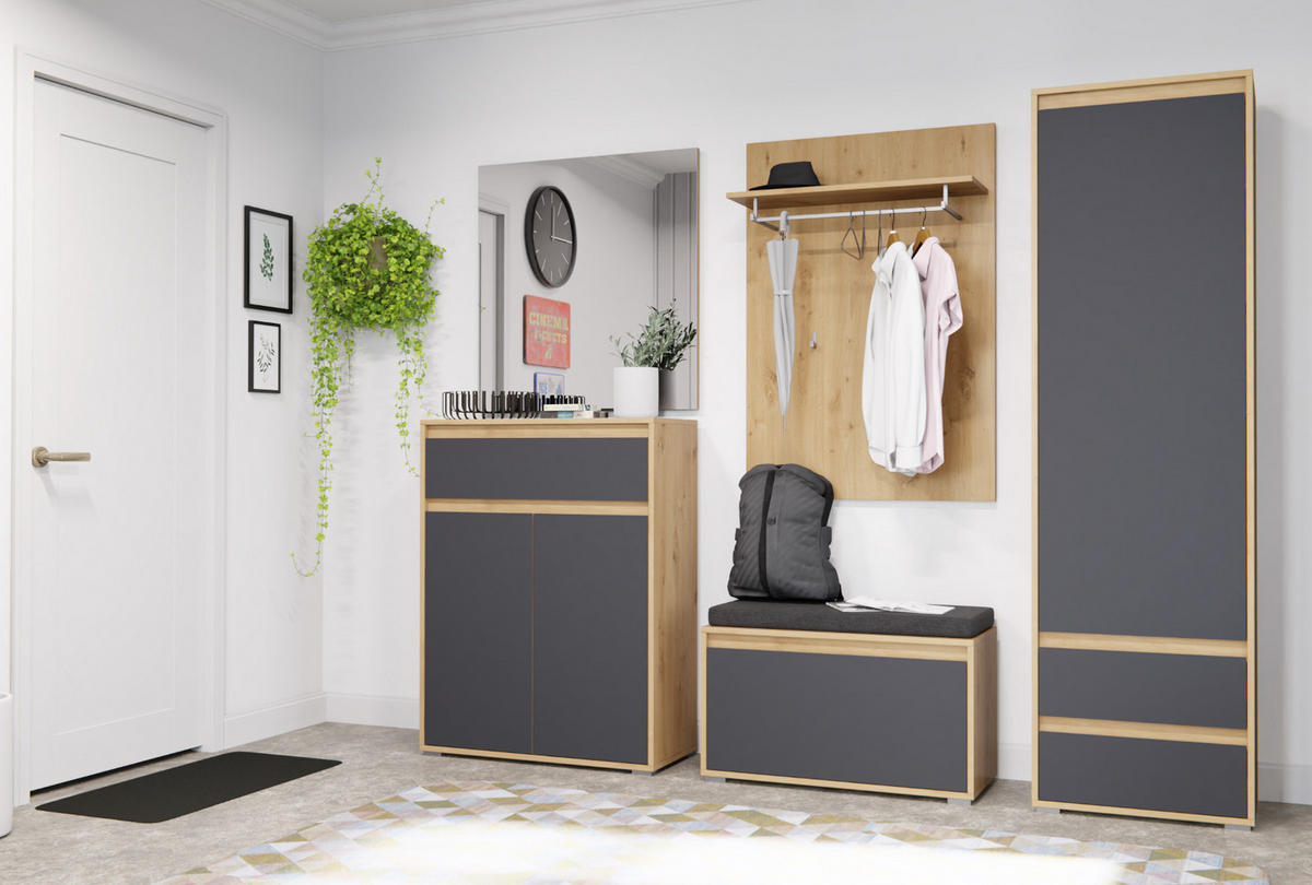 KOMPAKTGARDEROBE grau, Eiche 90 x 189 cm, Garderobe mit Spiegel - Eichefarben/Grau, Holzwerkstoff (90/189/39cm) - Inn.Furn