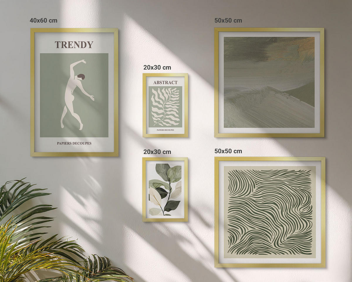 WANDBILDER 5er Set - 50x50 cm & 20x30 cm & 40x60 cm Goldrahmen - Abstrakte Pflanzenmuster - Goldfarben, Kunststoff (40/60cm) - ArtPrintCave