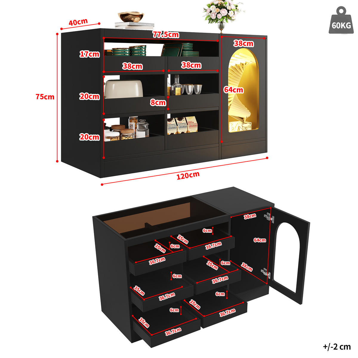 SIDEBOARD 120/40/75 cm, 6 Schubladen, Glasoberseite mit LED, schwarzes MDF, Schwarz - Schwarz, Holzwerkstoff (120/75/40cm) - Redom