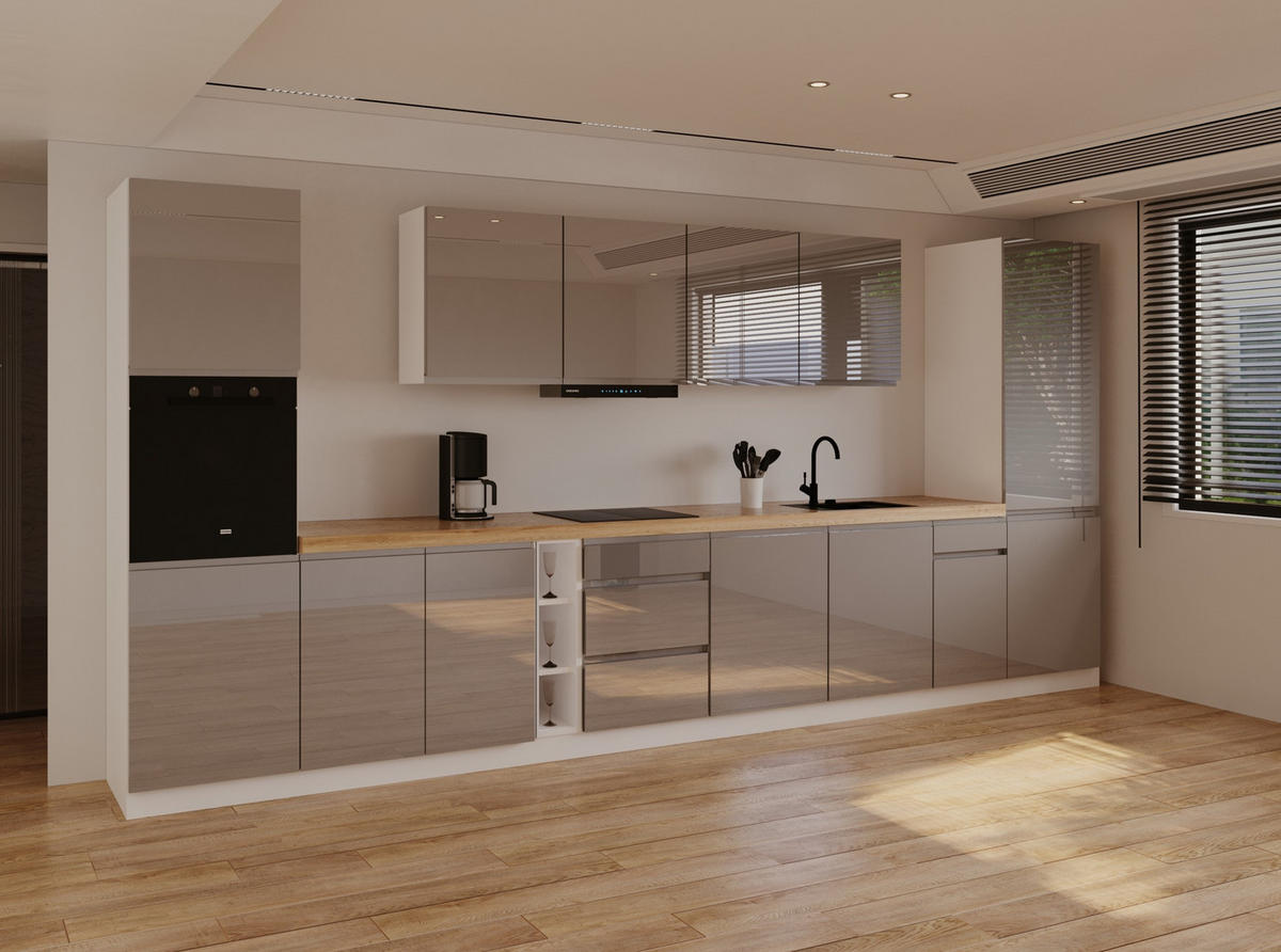 KÜCHENZEILE 440 cm - KA23-M440- in Grau/Hochglanz - Grau, Holz (440/212/58cm)