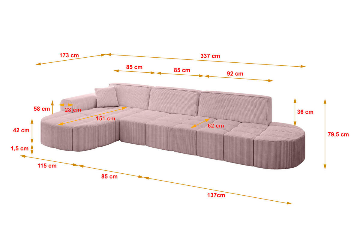 ECKSOFA Ottomane Links LIVO-L2 - 337x173x79,5 cm Rosa - Rosa, Holzwerkstoff/Textil (337/173cm) - ALTDECOR