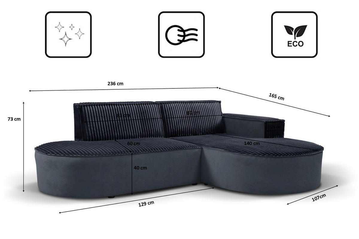 ECKSOFA L-förmiges Modena Soft Schwarz Rechts - Schwarz, Holz (236/165cm) - Kaiser Möbel
