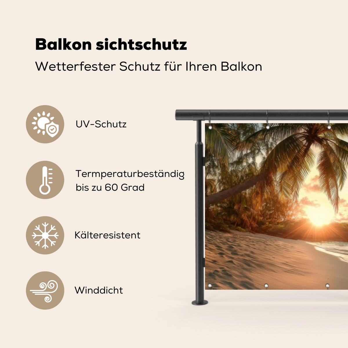 BALKON-SICHTSCHUTZ Strand - Palmen - Meer - Sonnenuntergang 300x75 cm - Samtahornfarben, Kunststoff (300/75cm) - MuchoWow