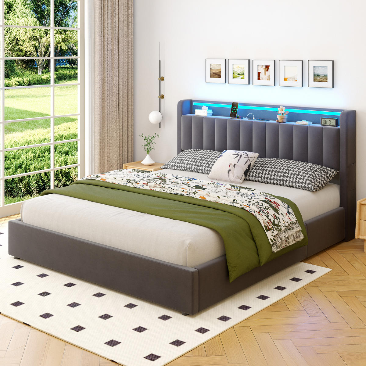 POLSTERBETT 180/200 cm in Grau, mit Bettkasten, Matratze, Stauraum, USB und LED Beleuchtung - Grau, Holzwerkstoff/Textil (180/200cm) - WISHDOR