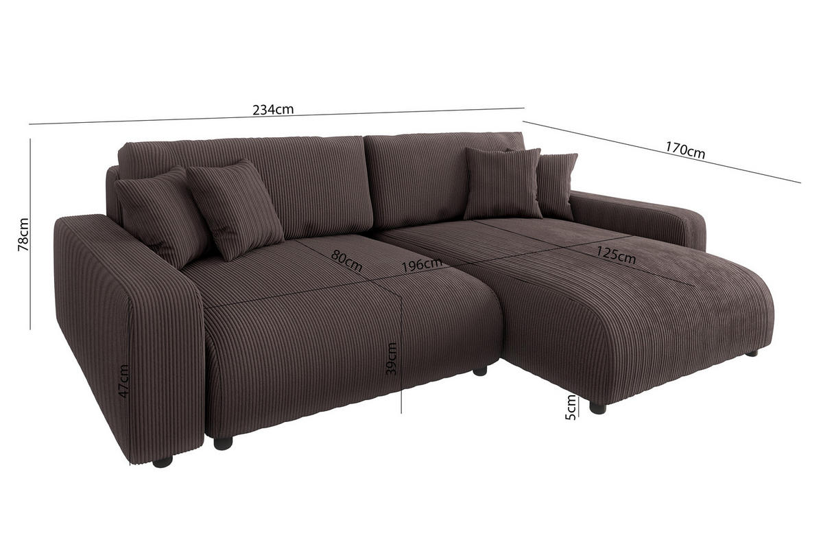 ECKSOFA Emma Dunkelbraun Cord - Ottomane rechts - Dunkelbraun, Textil (234/170cm) - S-Style Möbel