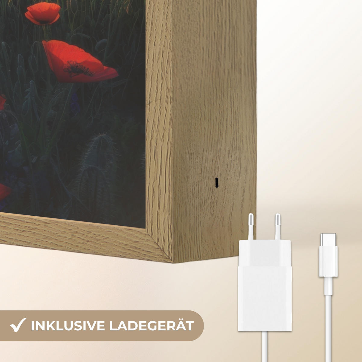 WANDLEUCHTE MIT AKKU Landschaft - Sonnenuntergang - Blumenfeld 30x40 cm - Rot, Holzwerkstoff (30/40/8cm) - OnlyWow