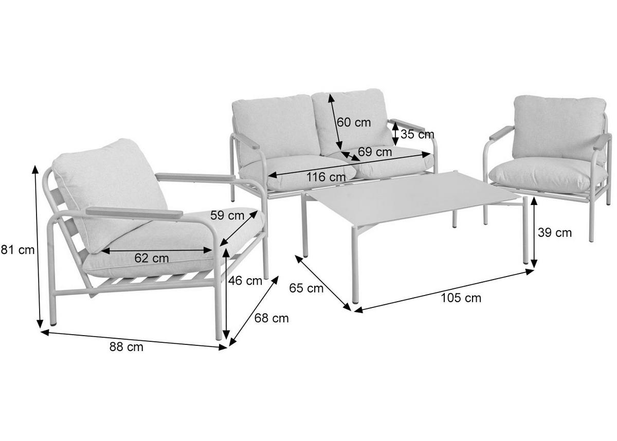 GARTENGARNITUR Hellgrün, Beige 1x 2-Sitzer Gartenbank, 2x Sessel und 1x Tisch-Set - Beige/Hellgrün, Metall - MCW