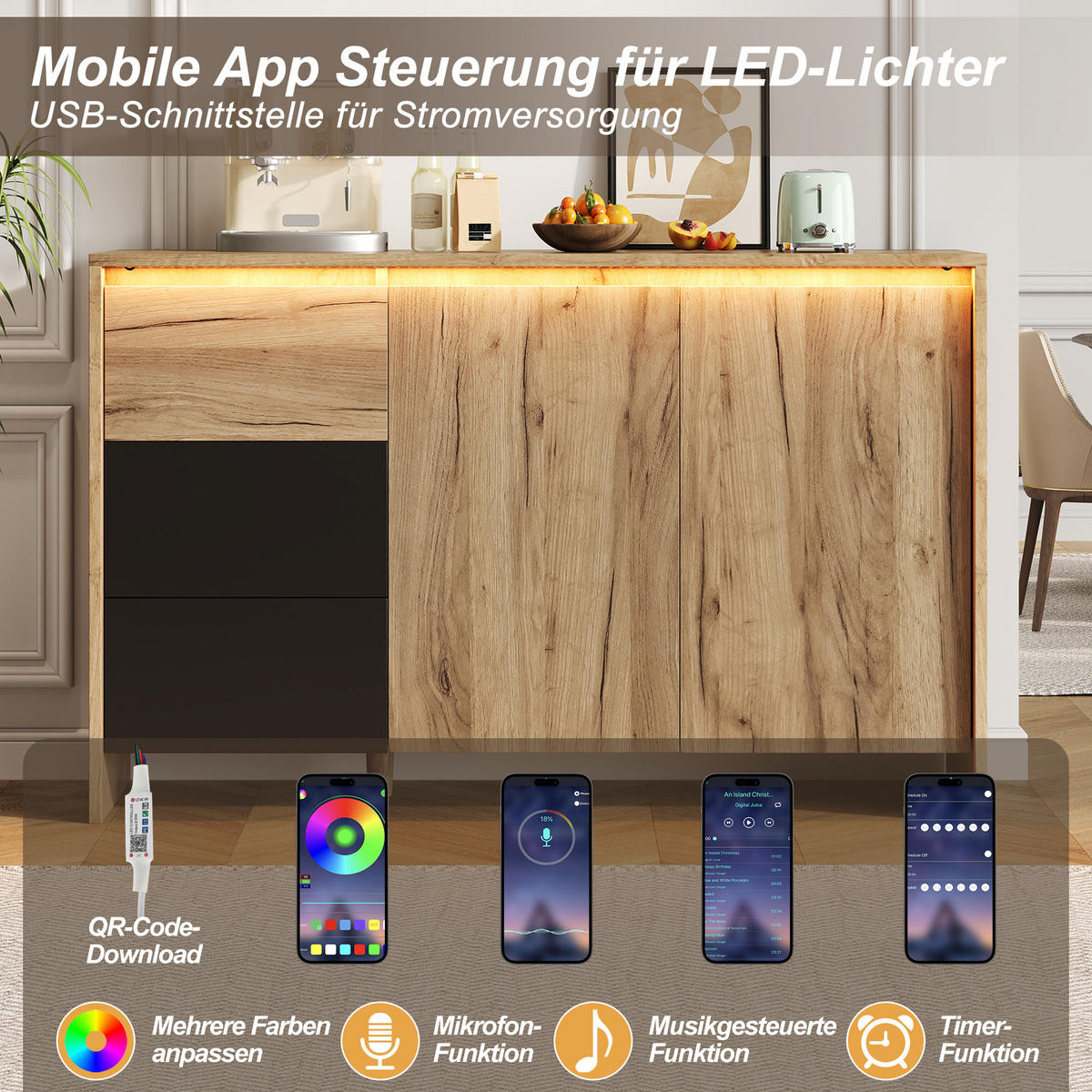 SIDEBOARD holzoptik & schwarz mit 3 schubladen, 2 türen & led-beleuchtung - Naturfarben, Holzwerkstoff (120/76/40cm) - Urban Meuble