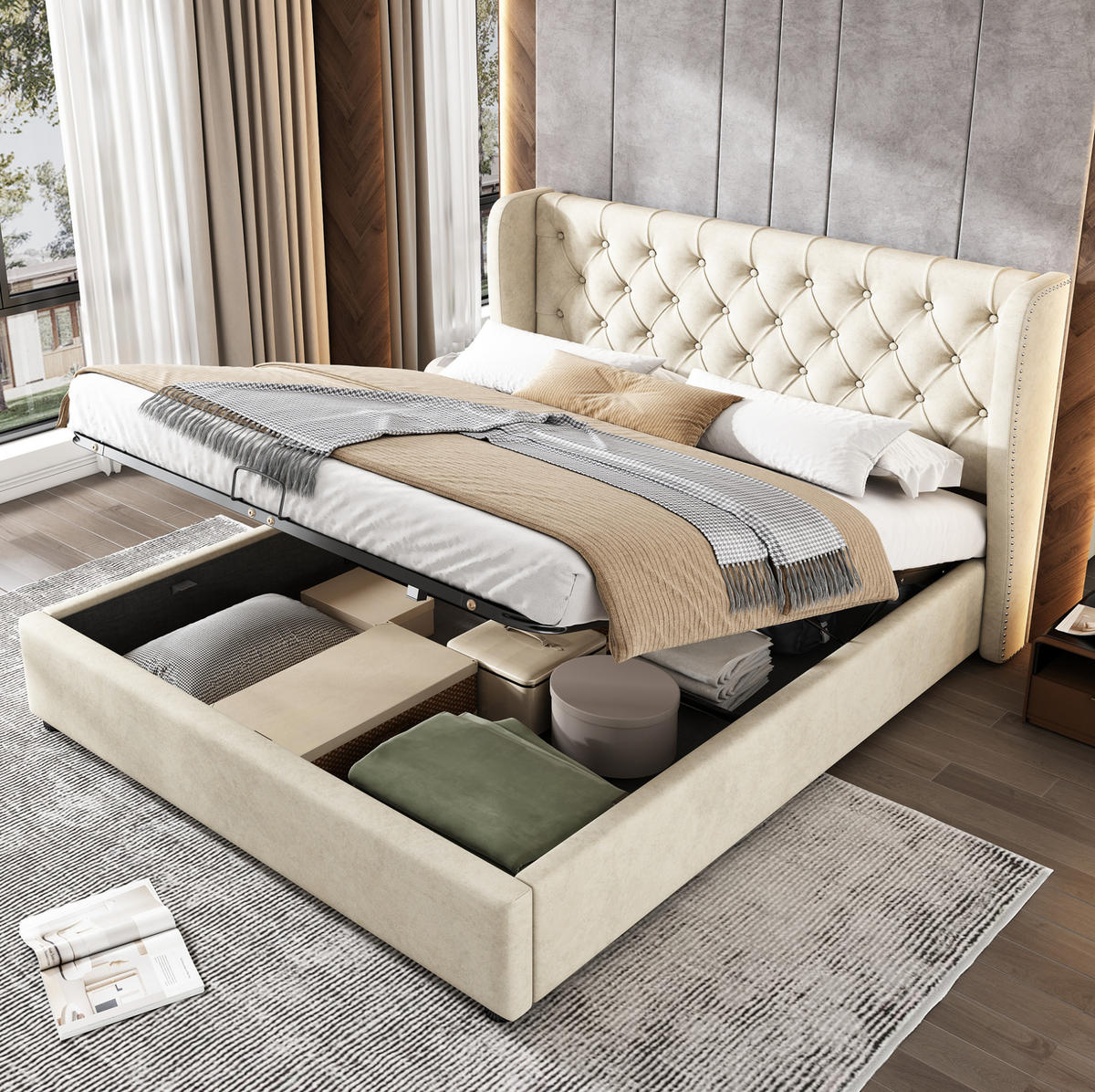 POLSTERBETT aus Samt 140x200 cm in Beige mit Bettkasten & Lattenrost - Beige, Textil (140/200cm) - Modfu