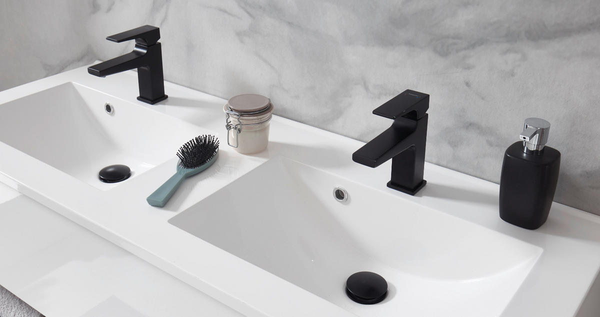 WADSCHTISCHKOMBI weiß Hochglanz und Eiche, Doppelwaschtisch inkl. 2x Waschbecken, Breite 120 cm - Weiß Hochglanz/Eichefarben, Holzwerkstoff (120/44/47cm) - Furn.Design