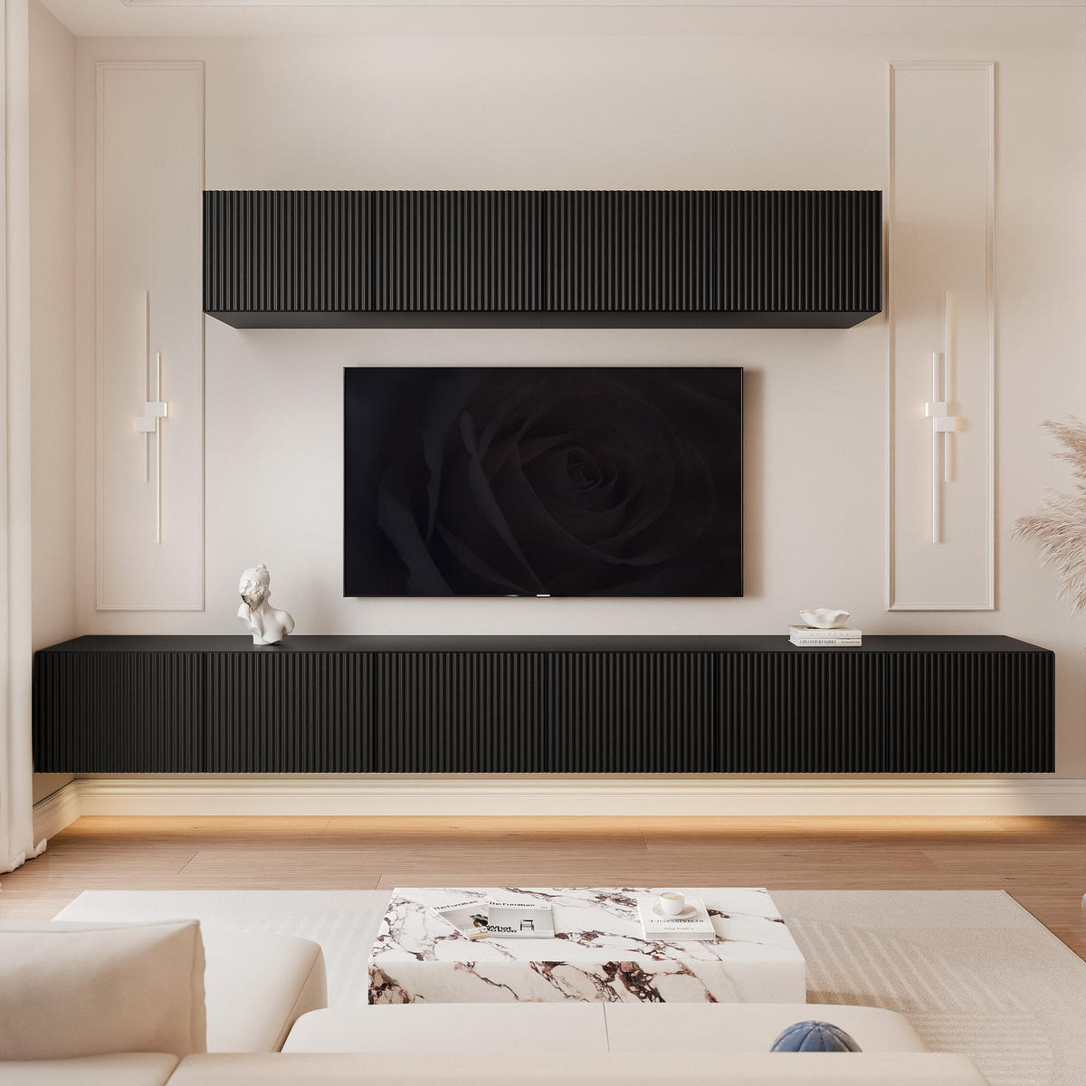 WOHNWAND ANGEL IV Schwarz hängend mit LED-Beleuchtung 300 cm - Schwarz, Holzwerkstoff (300/36/40cm) - Idohome