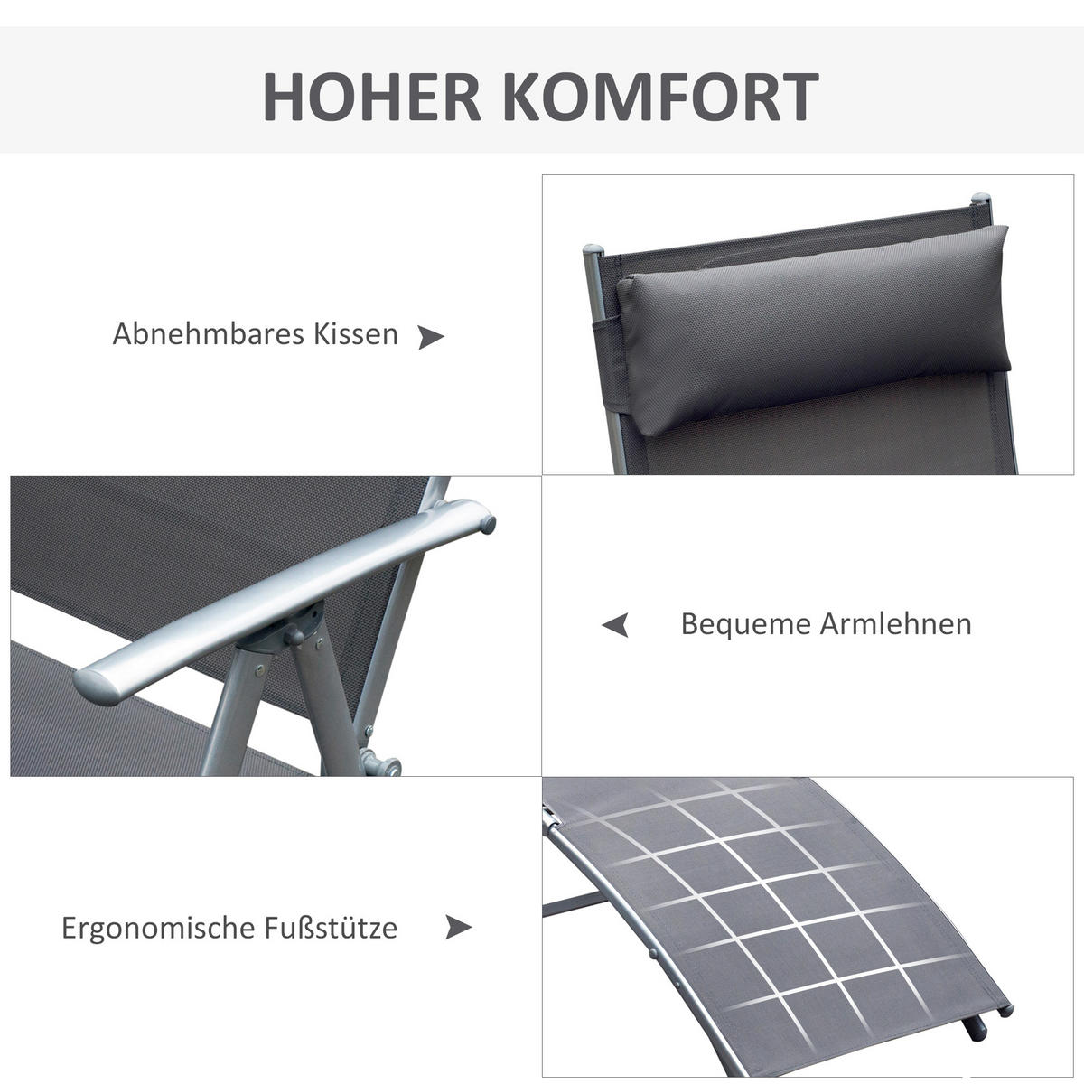 SONNENLIEGE, klappbar, mit Kissen, 137 x 63,5 x 100,5 cm, Metall, Stoff, Grau - Grau, Kunststoff (137/100.5/635cm) - Outsunny
