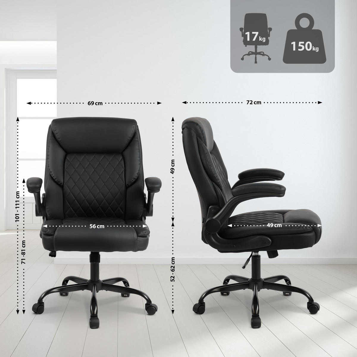 CHEFSESSEL Lederlook Schwarz - Schwarz, Textil/Metall (69/88/62cm) - CLP