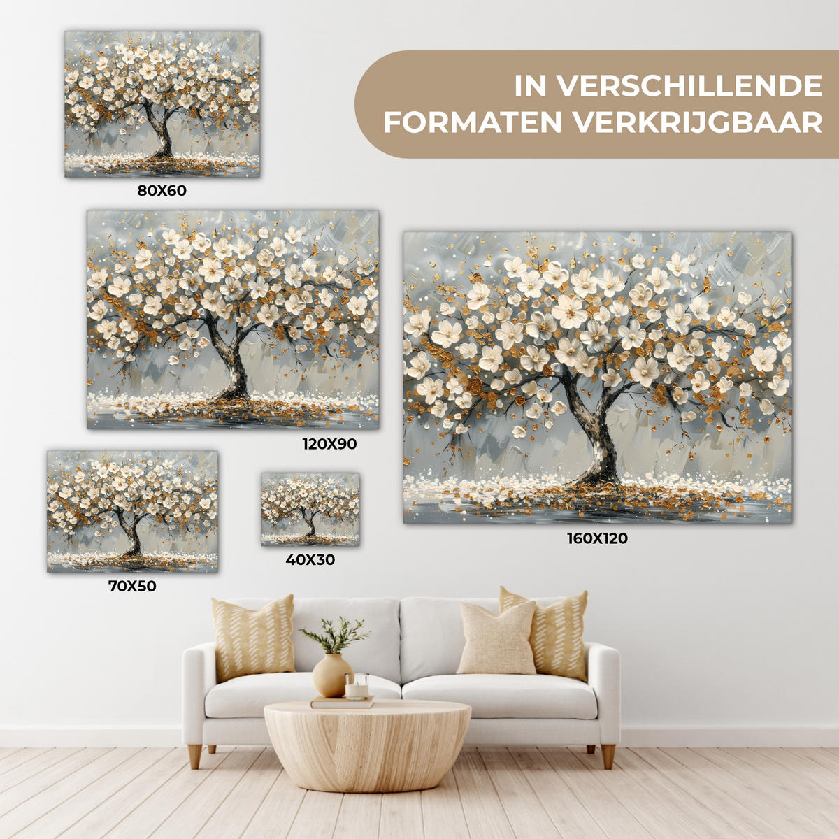 LEINWANDBILD Baum - Blumen - Weiß - Natur - Kunst Wandbild 40x30 cm - Weiß, Textil (40/30cm) - MuchoWow