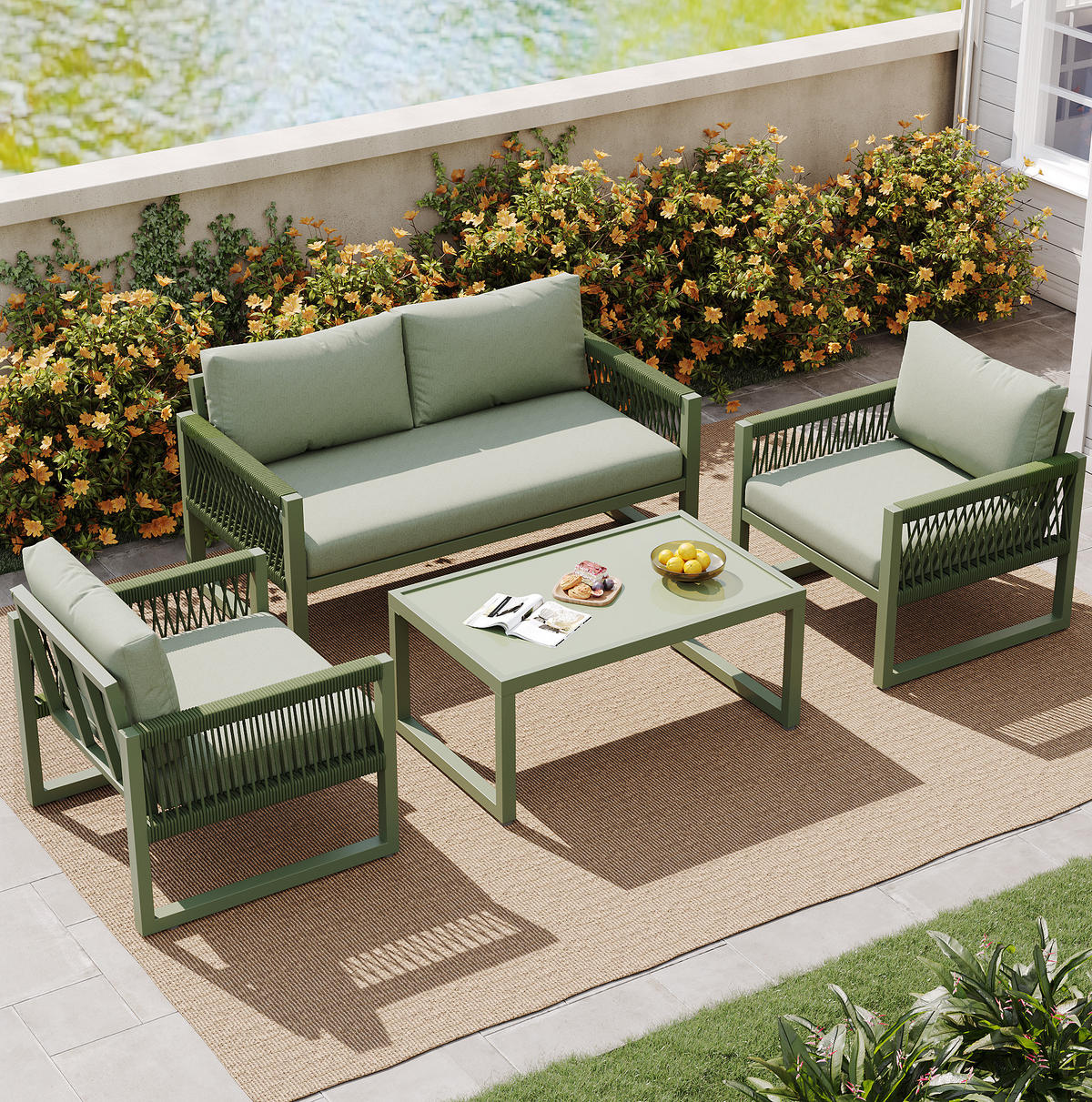GARTENMÖBEL-SET 120/65/72 cm grün aus Eisen mit Seilgeflecht - Grün, Metall - OKWISH