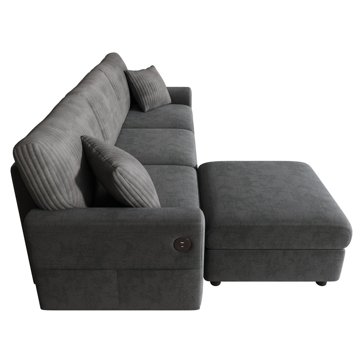 ECKSOFA 223/146/84 cm Schwarz mit 1 Fußhocker, 2 quadratischen Kissen, 1 USB-Anschluss und 1 Type-C-Anschluss - Schwarz, Textil (146/84/223cm) - Oxeza