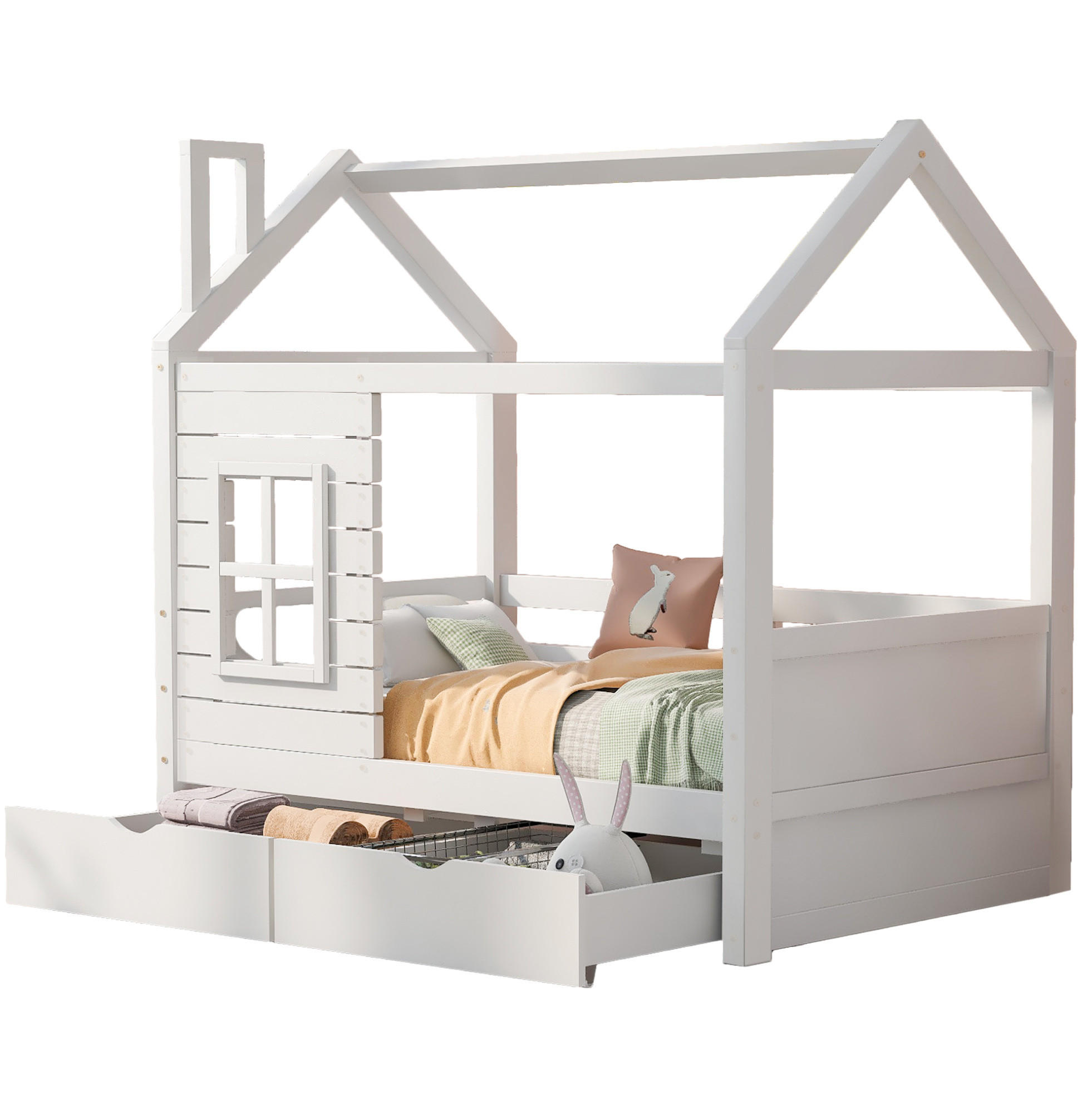 OKWISH DĚTSKÁ postel 80/160 cm bílá z borovice s okénky, úložnými zásuvkami a roštem