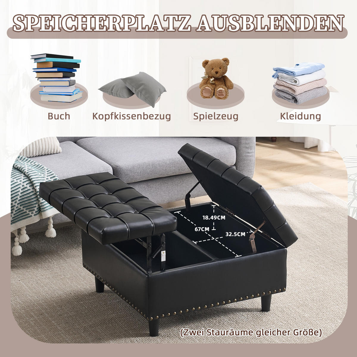 HOCKER Couchtisch,Aufbewahrungsstuhl,höhenverstellbar,PU-Leder,Schwarz - Schwarz, Metall (75/41/75cm) - LVHOM