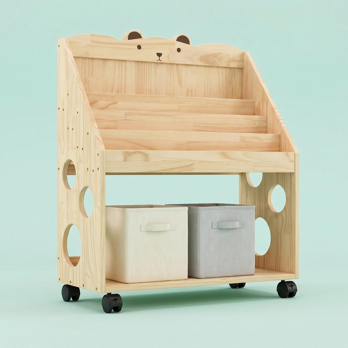 BÜCHERREGAL Natur Kinder auf Rollen mit Kreidetafel - Hellbraun, Holz/Kunststoff (70/85/29.5cm) - Relaxdays