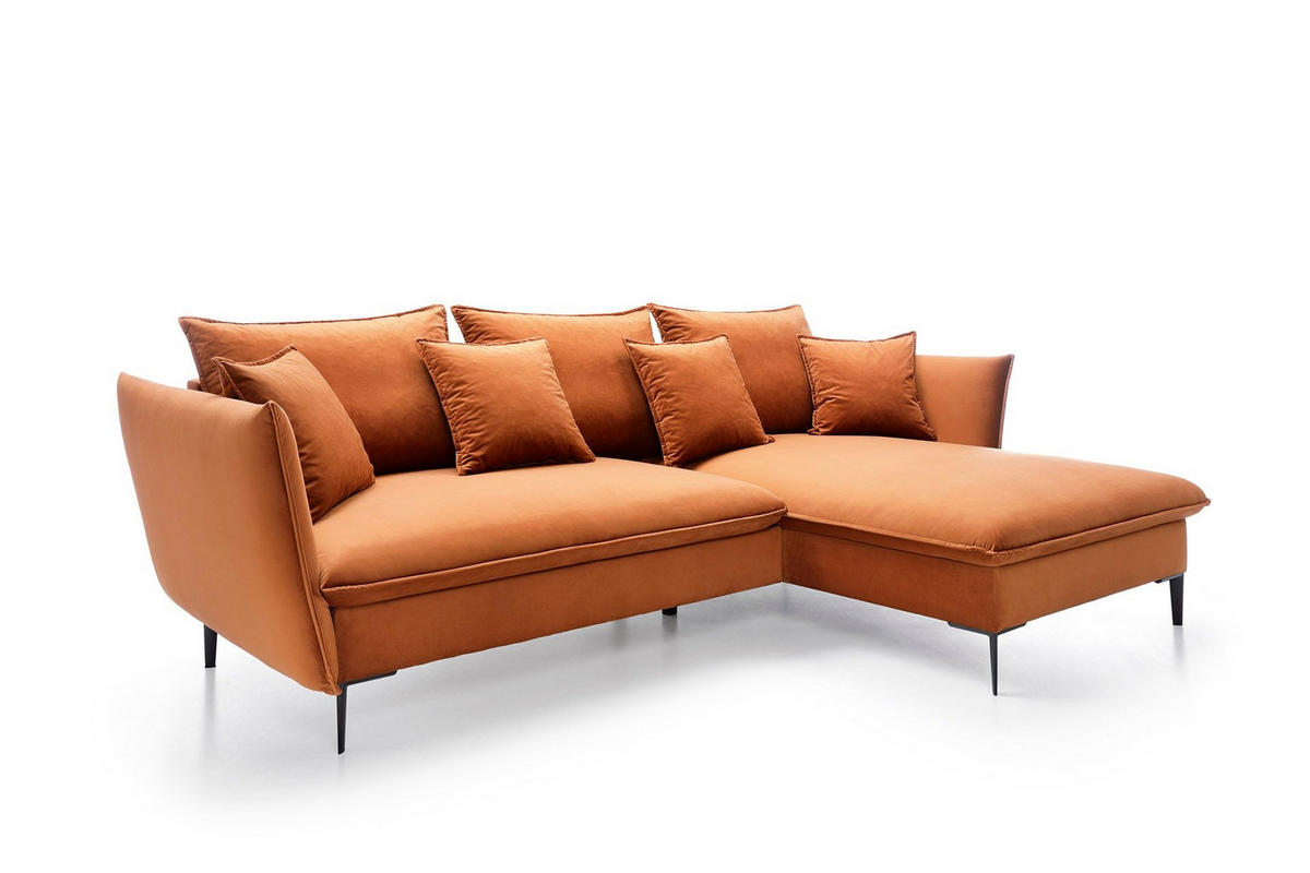 ECKSOFA SOLE Orange Plüsch-Stoff mit Schlaffunktion - Orange, Holz (258/167cm) - MASSENO