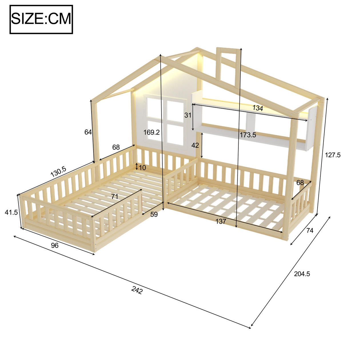 KINDERBETT 90/200 cm in Hausform mit Regalen, LED und Rausfallschutz - Naturfarben, Holz (90/200cm) - BEAOK