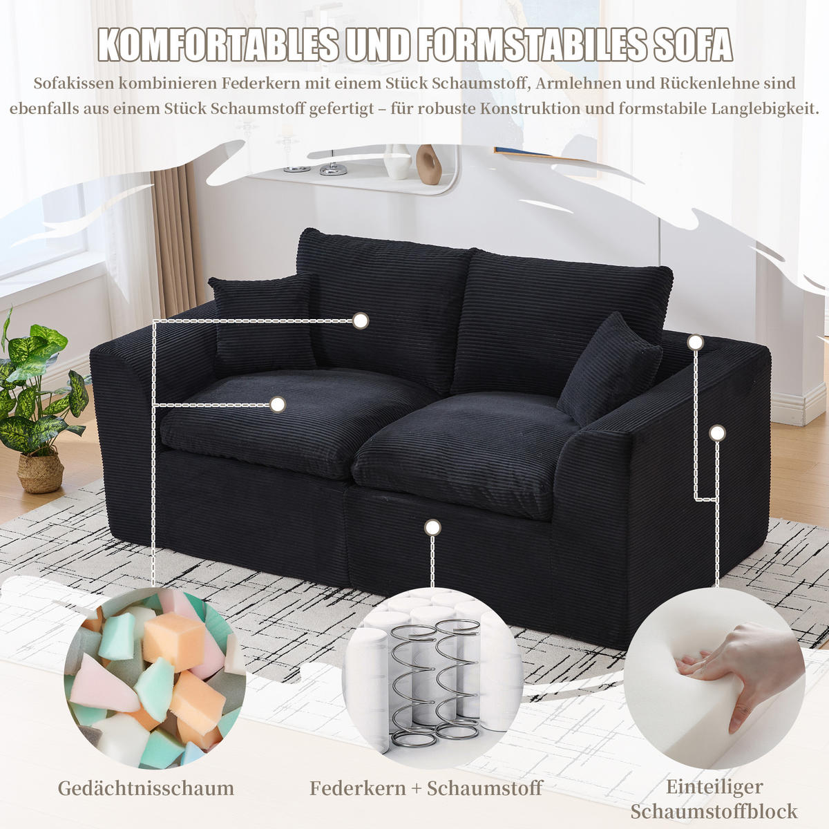 2-SITZER SOFA Cord Schwarz mit Kissen - Schwarz, Textil (204/84/102.5cm) - WISHDOR
