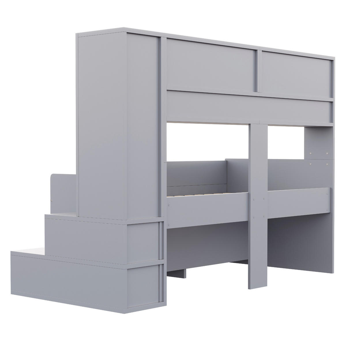 KINDERBETT Holz 90x200 cm Grau mit Stauraum, Leiter, Kleiderschrank und LED-Beleuchtung - Grau, Holz (90/200cm) - Modfu