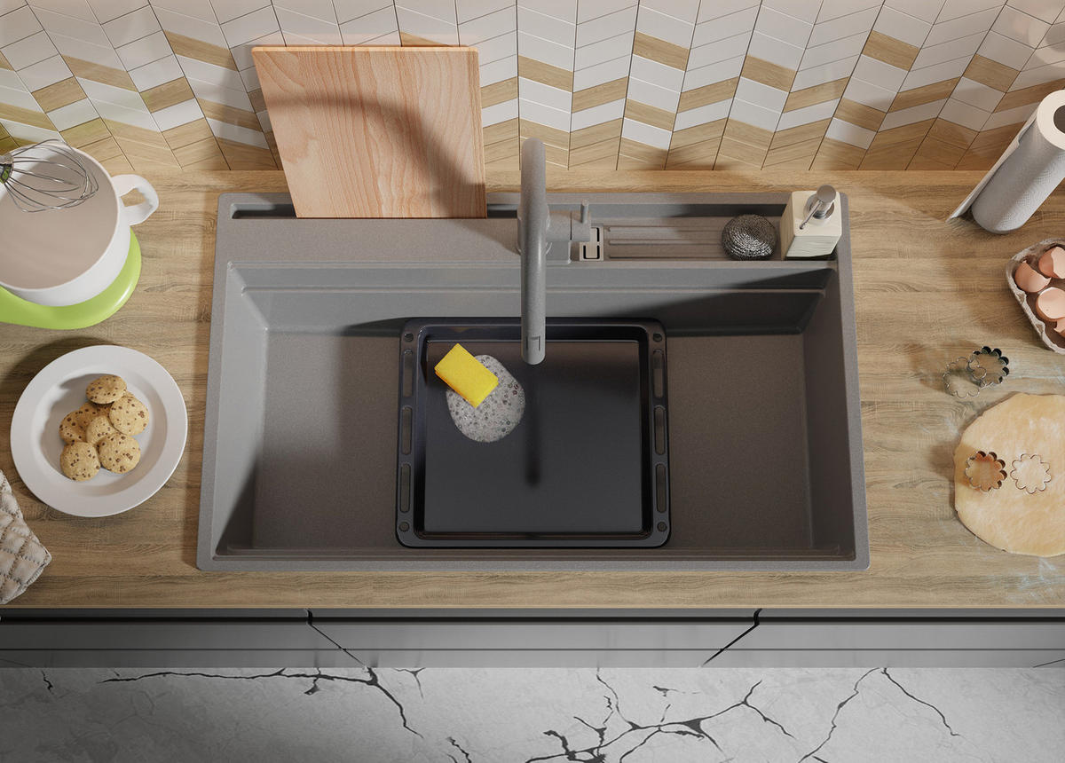 GRANITSPÜLE Oslo, 3-er set Grau 88/53 cm, 1 Becken + Küchenarmatur 40/20 cm + Ablauf-Set ab 90er Unterschrank - Chromfarben/Beige, Kunststoff (88/20/53cm) - Primagran