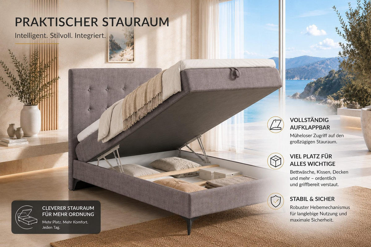 BOXBETT K15 Single SLIM mit Bettkasten & Bonell-Federkern inkl. Topper - Taupe, Holz/Textil (200/90cm) - Best For Home