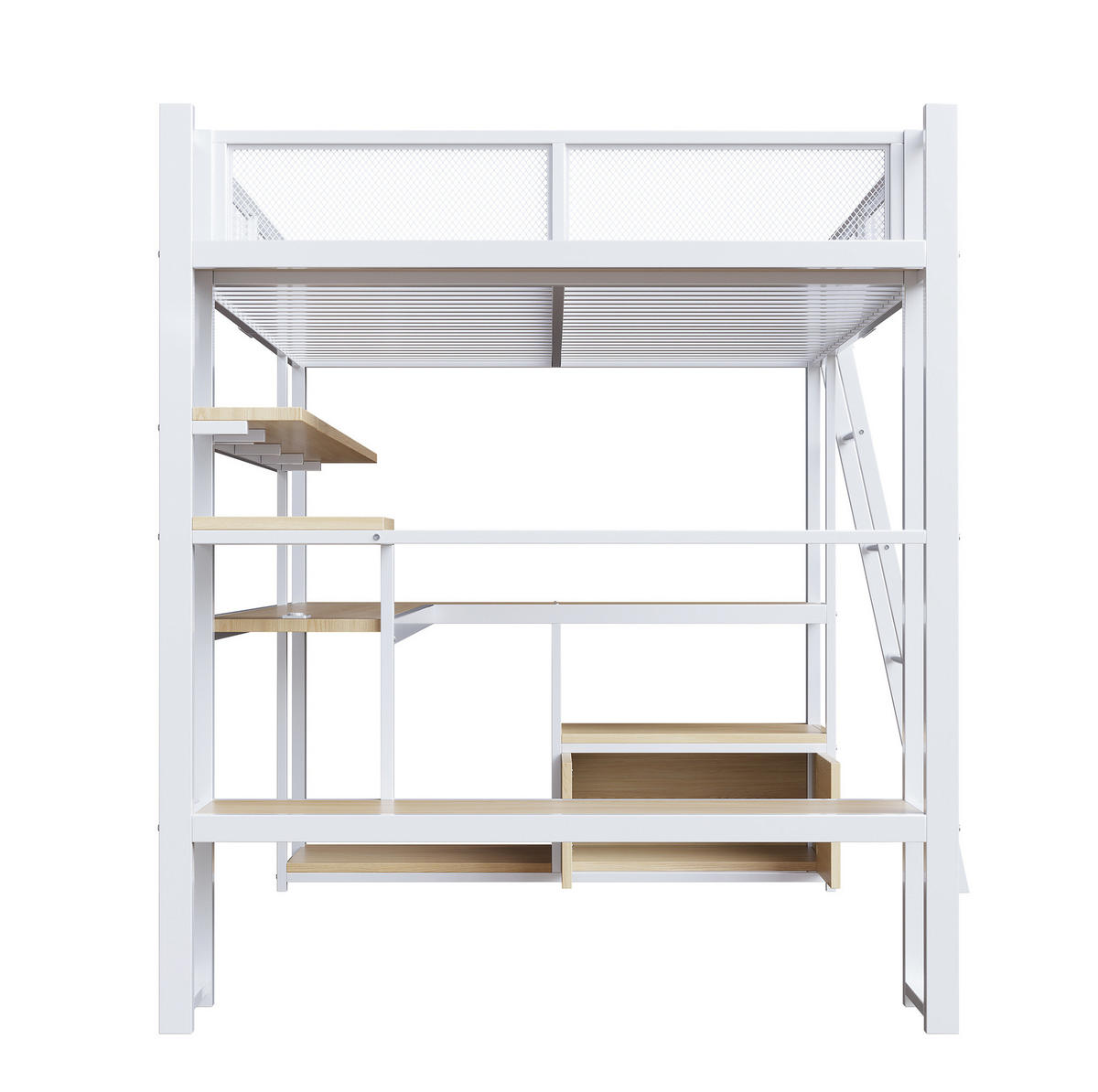 VYSOKÁ posteľ 140/200 cm biela z MDF a kovu s písacím stolom LED osvetlením a úložným priestorom - biela, kompozitné drevo (140/200cm) - OKWISH