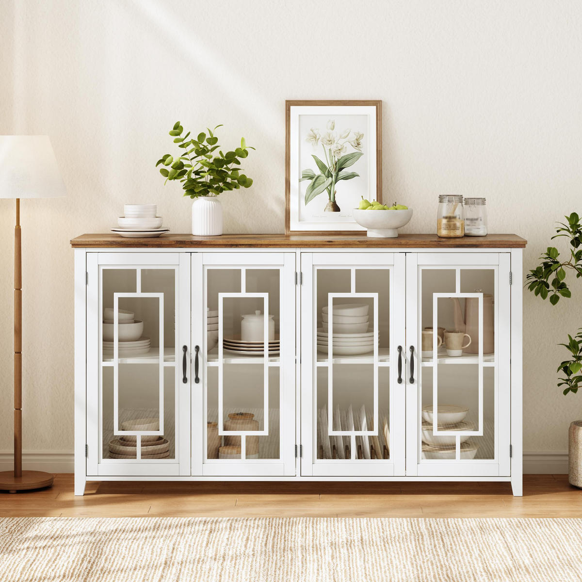 GESCHIRRSCHRANK 160 cm MDF Weiß mit Glastüren und Holzoptik-Arbeitsplatte - Weiß, Holzwerkstoff (40/86/160cm) - Korfee
