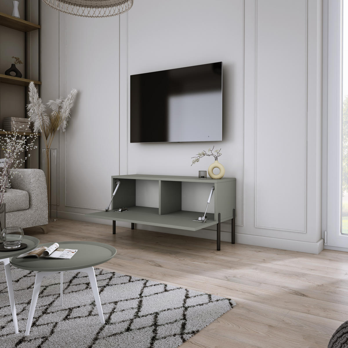 TV-SCHRANK : Aloe, 100 x 52 x 32 cm, schwarze Beine - Schwarz/Grün, Holzwerkstoff/Metall (100/52/32cm) - 3XE LIVING