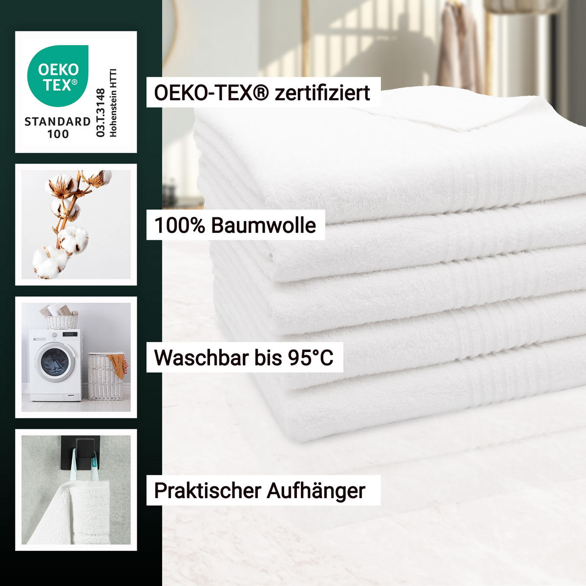 BADETUCH, 5er-Set, 100x150 cm, 100% Baumwolle, Weiß - Weiß, Textil (100/150cm) - Zollner